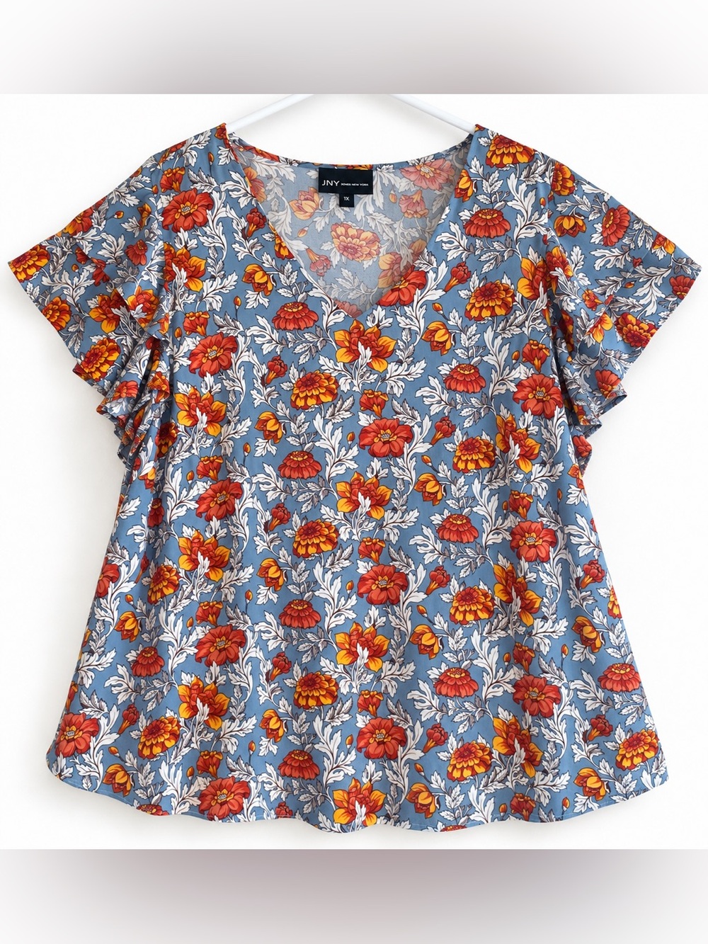 JNY Jones New York Women’s 1X Blue Floral Rayon Short Sleeve Blouse Top